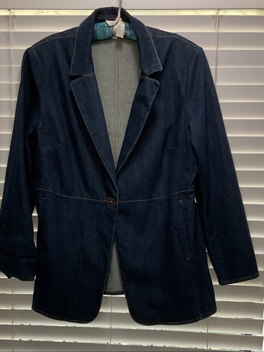 Chico's Casual Dark Blue Denim Tailored Blazer Jacket; long sleeves
